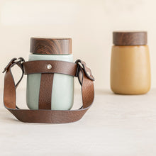 Load image into Gallery viewer, Mini Vacuum Flask With Wooden Lid &amp; Leather Cup Holder
